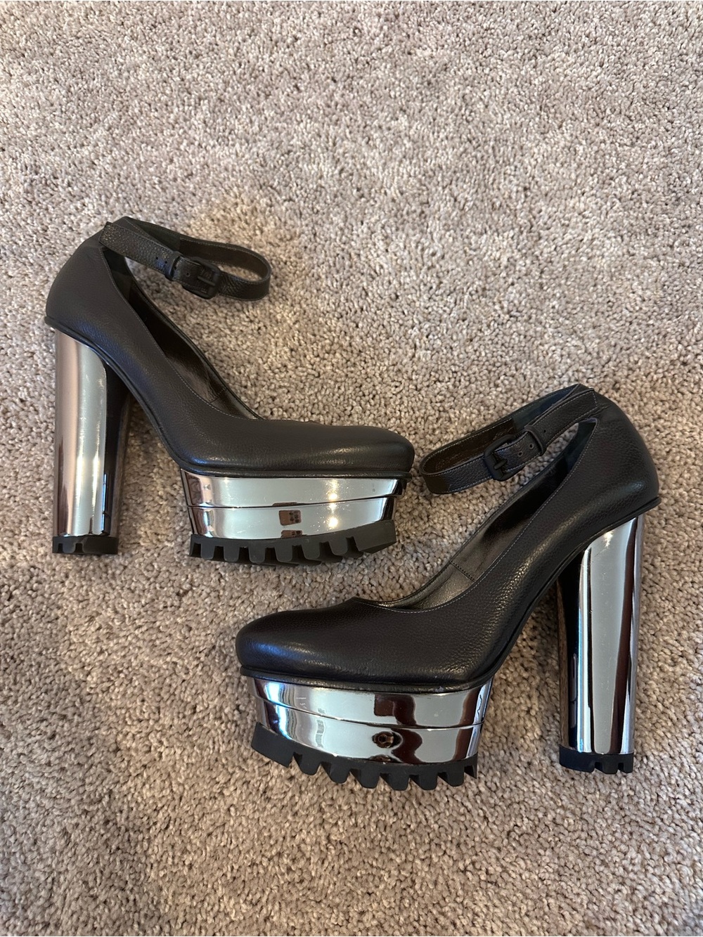Calvin Klein Black Mary Jane Platforms with Metallic Silver Accents